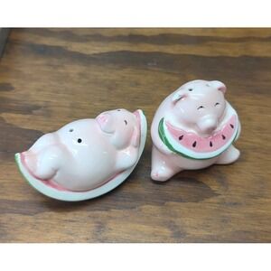 Clay Art Pig Salt Pepper Shakers Watermelon Ceramic Whimsical Farmhouse Kitsch